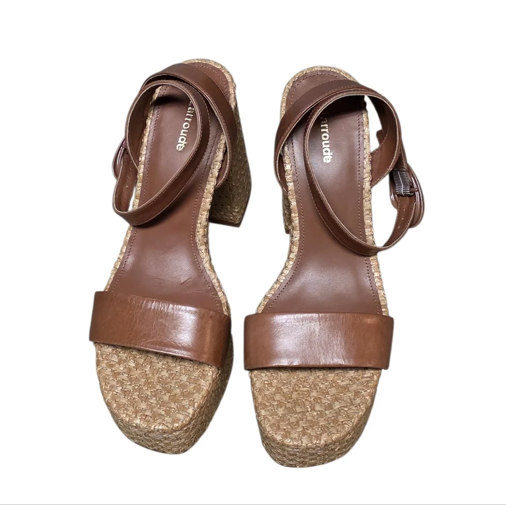 LARROUDE VERONA DOLLY PLATFORM HEEL CARAMEL/RAFFIA 9